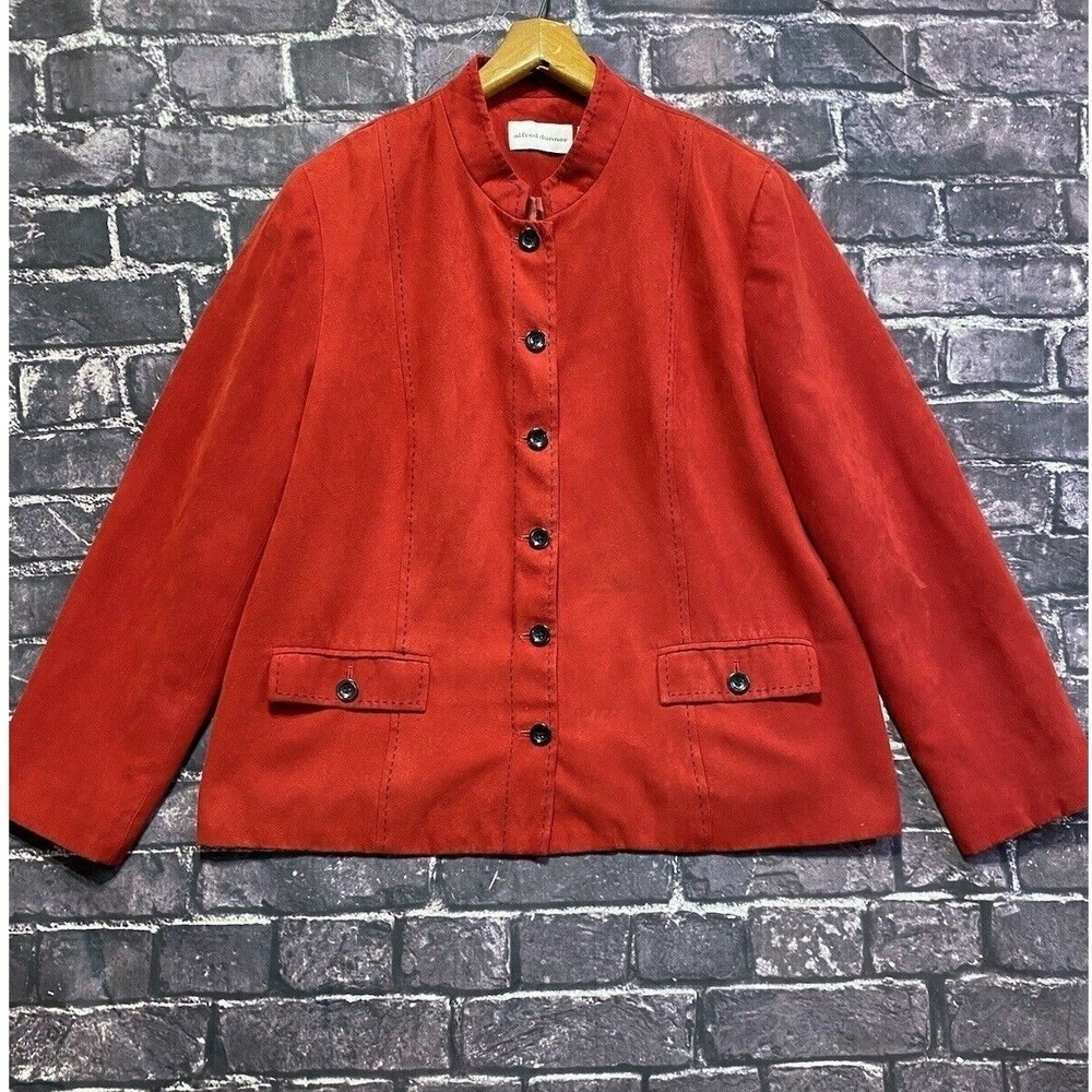 Alfred Dunner Jacket Women 14 Red Faux Suede Button Front Academia Office Casual